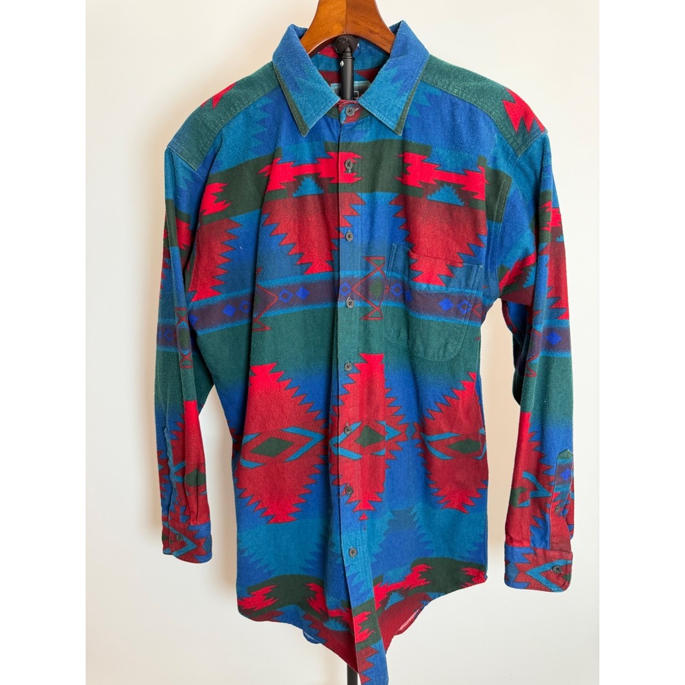 Vintage Woolrich Boston Blue Flannel Shirt Mens Large Southwestern Aztec USA